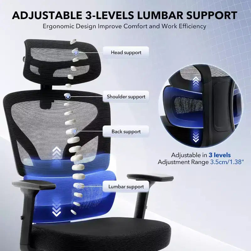 Silla de oficina ergonómica con soporte lumbar ajustable, silla de escritorio/gaming de respaldo alto con reposabrazos 3D, reposacabezas y ruedas giratorias, cómoda silla de malla