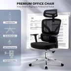 Silla de oficina ergonómica con soporte lumbar ajustable, silla de escritorio/gaming de respaldo alto con reposabrazos 3D, reposacabezas y ruedas giratorias, cómoda silla de malla