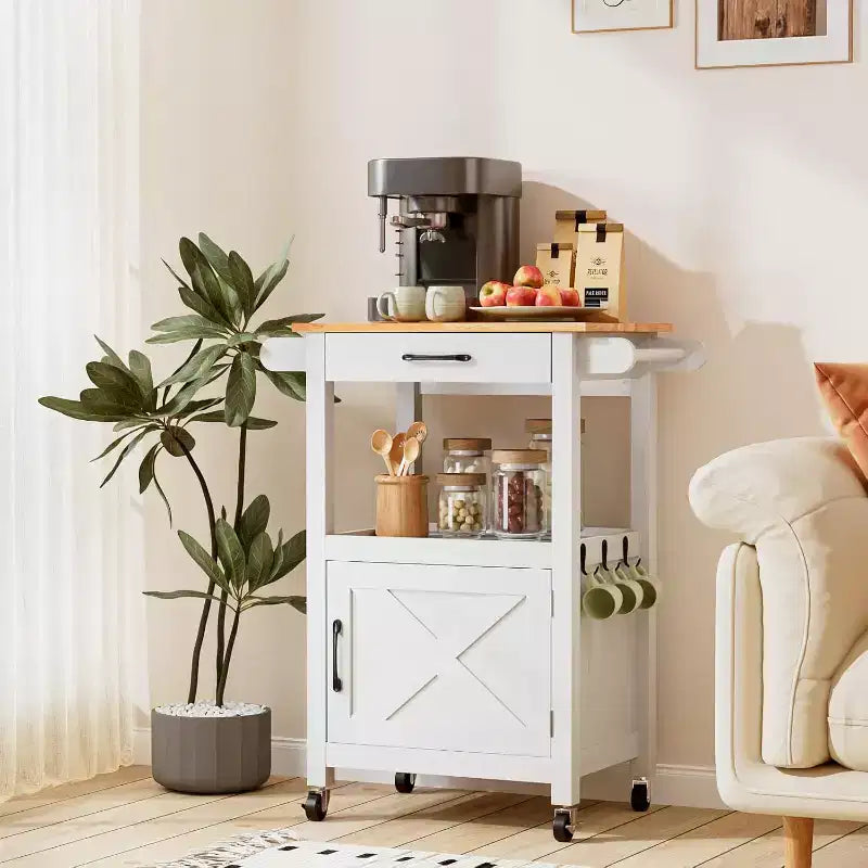 Carrito de cocina rodante con armario de almacenamiento y cajón, isla de cocina compacta con ruedas giratorias