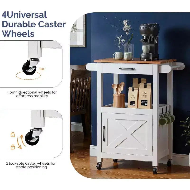 Carrito de cocina rodante con armario de almacenamiento y cajón, isla de cocina compacta con ruedas giratorias