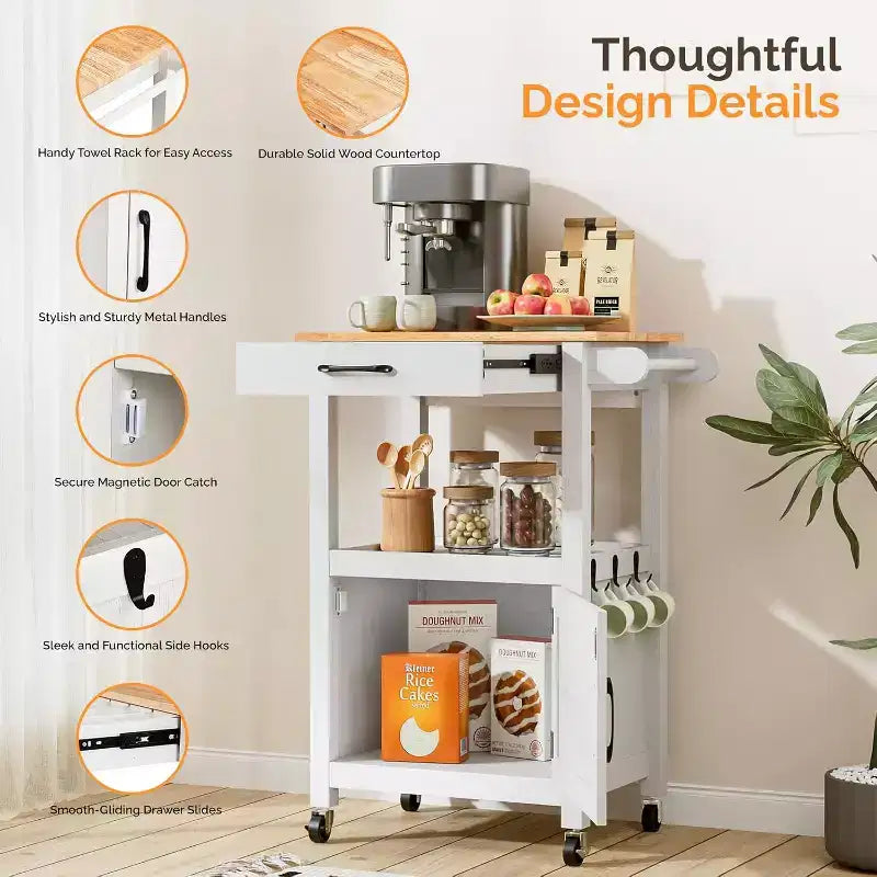 Carrito de cocina rodante con armario de almacenamiento y cajón, isla de cocina compacta con ruedas giratorias