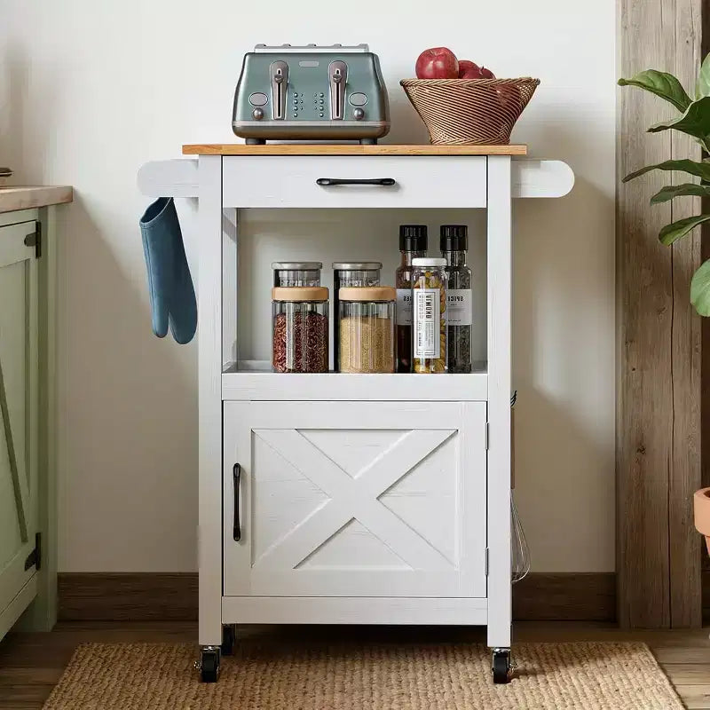 Carrito de cocina rodante con armario de almacenamiento y cajón, isla de cocina compacta con ruedas giratorias
