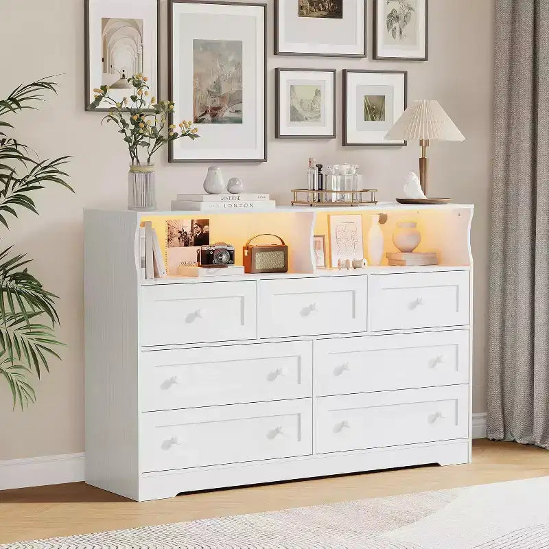 7-Drawer Wooden Dresser, with 2 Open Cubbies & LED Lights for Bedroom & Living Room, White