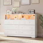 Cómoda de madera de 7 cajones, con 2 compartimentos abiertos y luces LED para dormitorio y sala de estar, color blanco