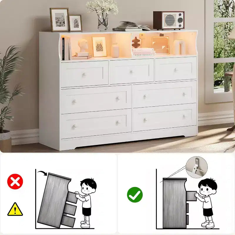 Cómoda de madera de 7 cajones, con 2 compartimentos abiertos y luces LED para dormitorio y sala de estar, color blanco