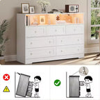 Cómoda de madera de 7 cajones, con 2 compartimentos abiertos y luces LED para dormitorio y sala de estar, color blanco