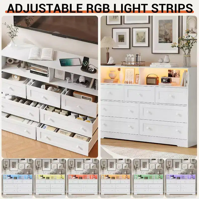 Cómoda de madera de 7 cajones, con 2 compartimentos abiertos y luces LED para dormitorio y sala de estar, color blanco