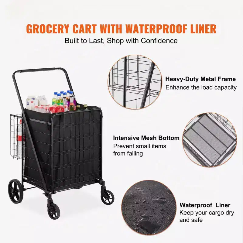 Carro de Compras Plegable con Forro Impermeable, Cestas Dobles y Ruedas Giratorias de 360°, Capacidad de 210 lb