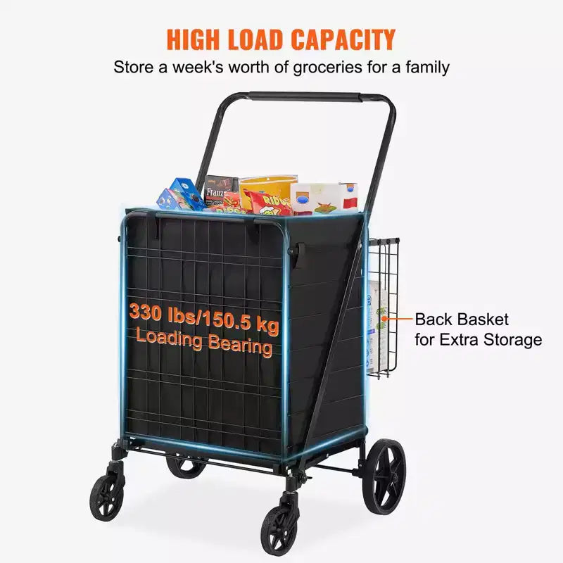 Carro de Compras Plegable con Forro Impermeable, Cestas Dobles y Ruedas Giratorias de 360°, Capacidad de 210 lb