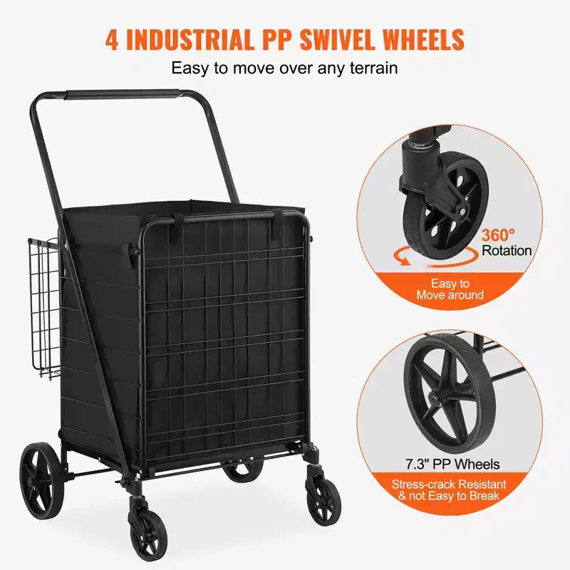 Carro de Compras Plegable con Forro Impermeable, Cestas Dobles y Ruedas Giratorias de 360°, Capacidad de 210 lb