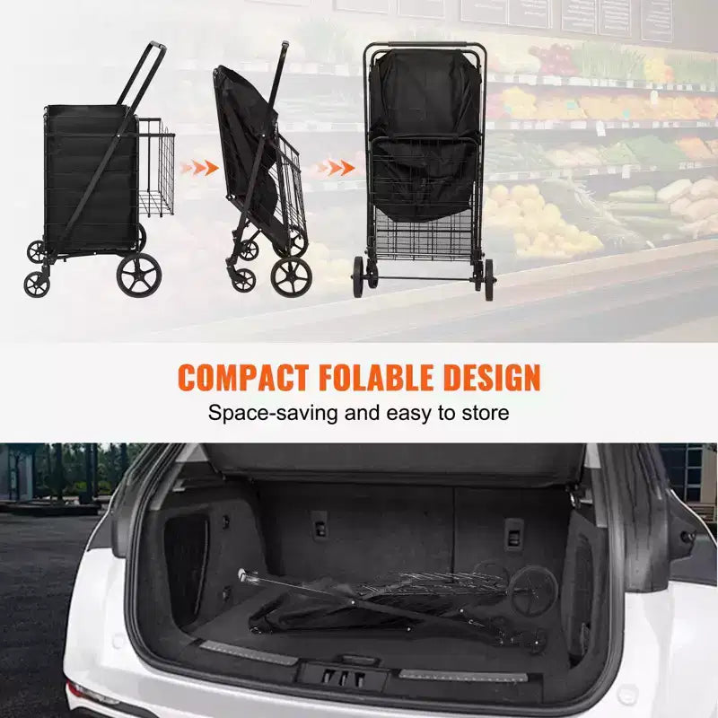 Carro de Compras Plegable con Forro Impermeable, Cestas Dobles y Ruedas Giratorias de 360°, Capacidad de 210 lb