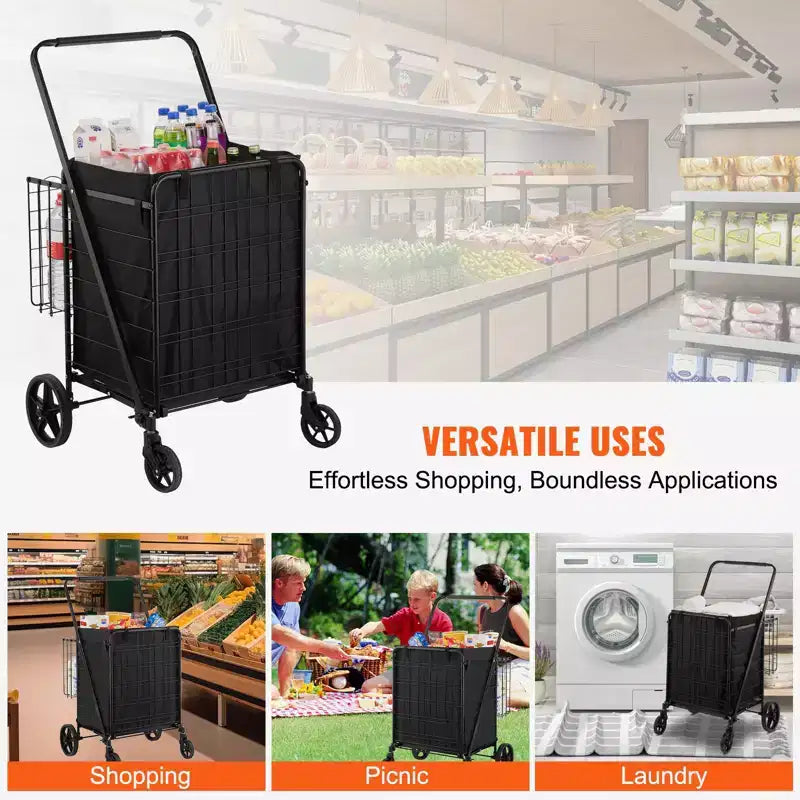 Carro de Compras Plegable con Forro Impermeable, Cestas Dobles y Ruedas Giratorias de 360°, Capacidad de 210 lb