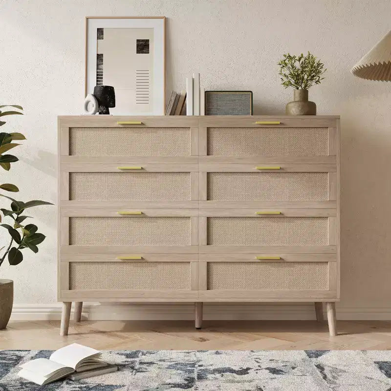 8-Drawer Rattan Dresser Chest,Mid-Century Modern Storage Cabinet with Handles, Large Tabletop for Bedroom, Living Room, Hallway Organization