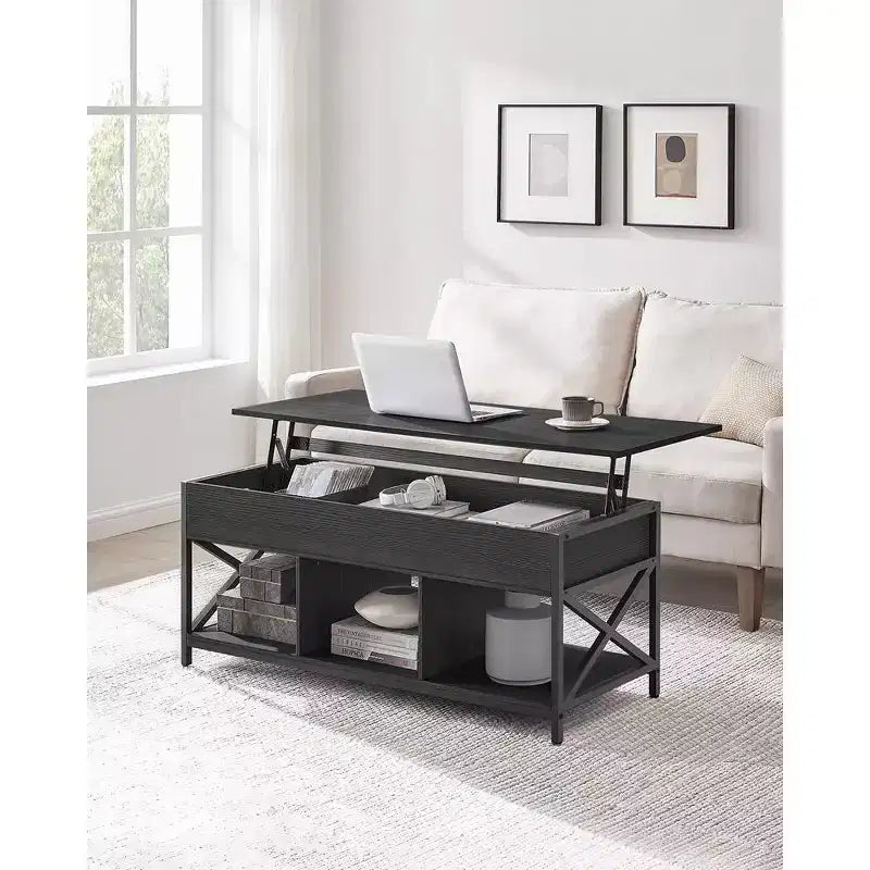 Mesa de centro elevable, Mesa de centro elevable con estante de almacenamiento, compartimentos ocultos y tapa elevable