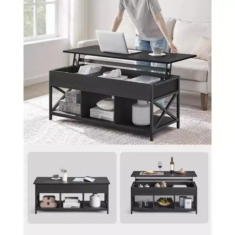 Mesa de centro elevable, Mesa de centro elevable con estante de almacenamiento, compartimentos ocultos y tapa elevable