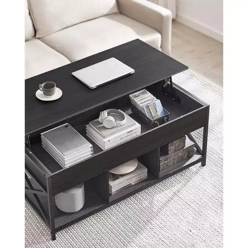 Mesa de centro elevable, Mesa de centro elevable con estante de almacenamiento, compartimentos ocultos y tapa elevable