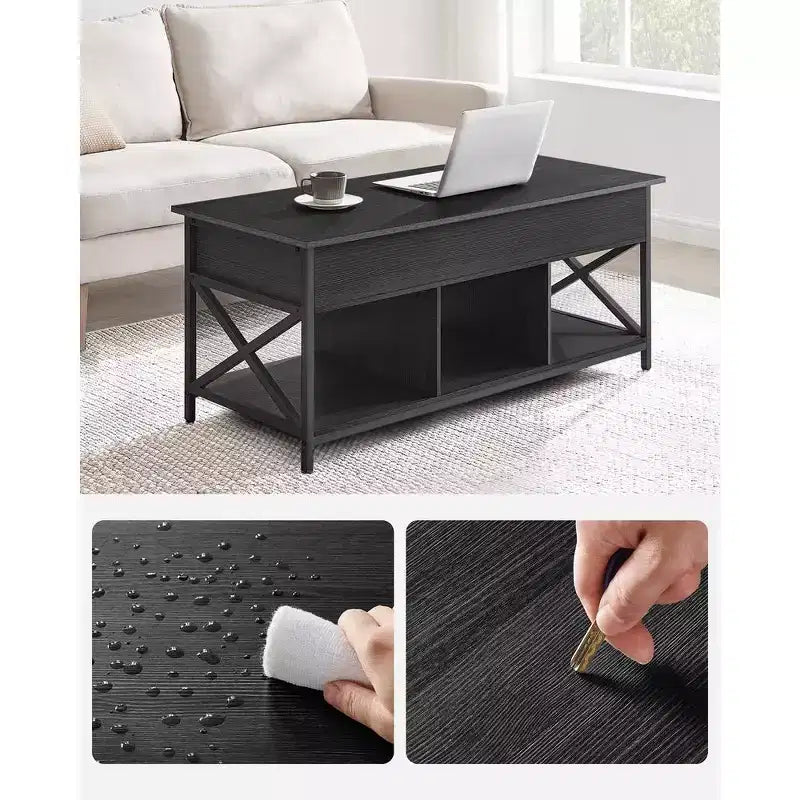 Mesa de centro elevable, Mesa de centro elevable con estante de almacenamiento, compartimentos ocultos y tapa elevable